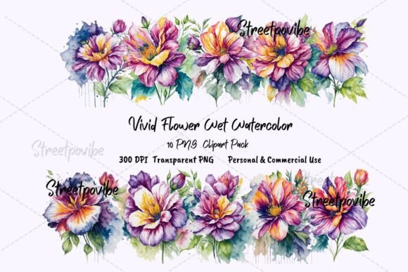 Enhance Your Projects with the Flower Wet Watercolor Clipart PNGs Pack