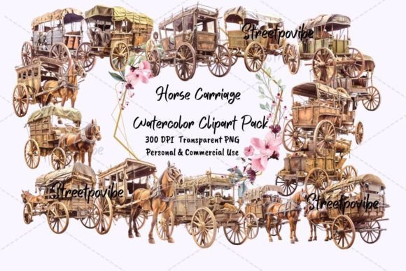Horse Carriage Watercolor Clipart Pack – A Versatile Design Resource