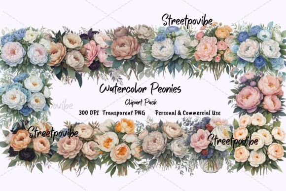 Pastel Foliage Poenies Floral Clipart: A Versatile Addition to Your Design Projects