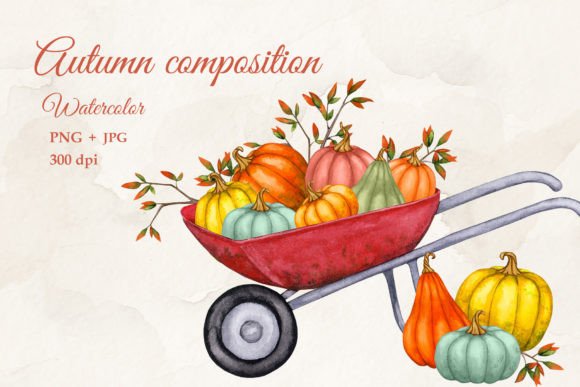 Pumpkins on a Wheelbarrow Watercolor PNG