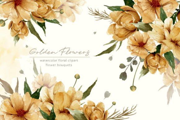 Watercolor Golden Flowers Bouquets PNG: Elegant, Versatile Decorative Elements for Design Projects
